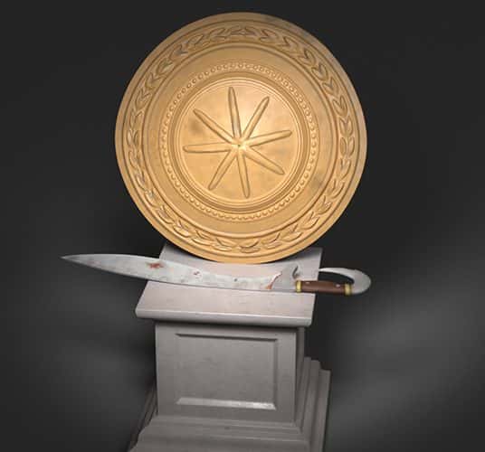  Image showing render of a grey plinth with sword and gong placed upon it. The gong has a star motif